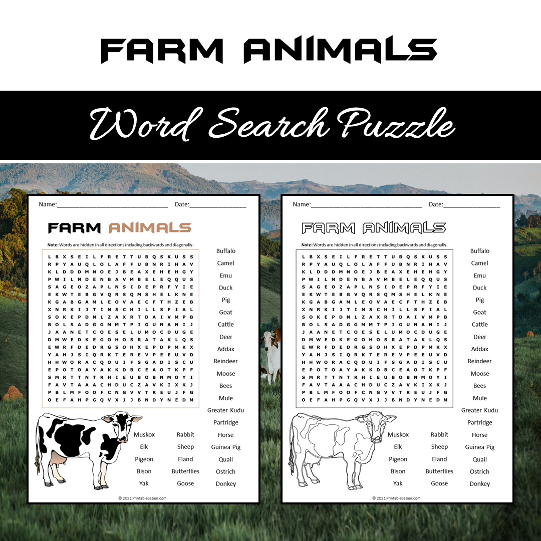 Farm Animals Word Search Puzzle Worksheet PDF