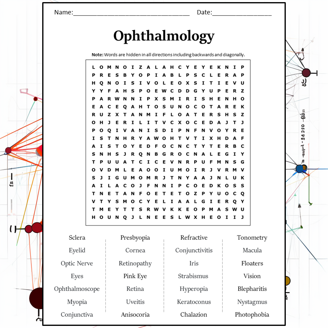 Ophthalmology Word Search Puzzle Worksheet Activity PDF