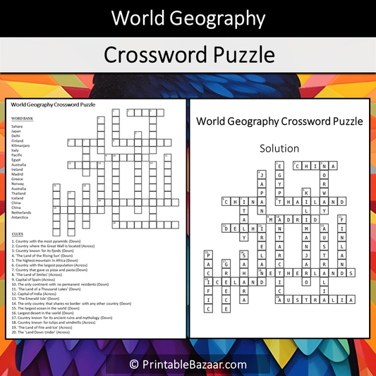 World Geography Crossword Puzzle Worksheet Activity Printable PDF