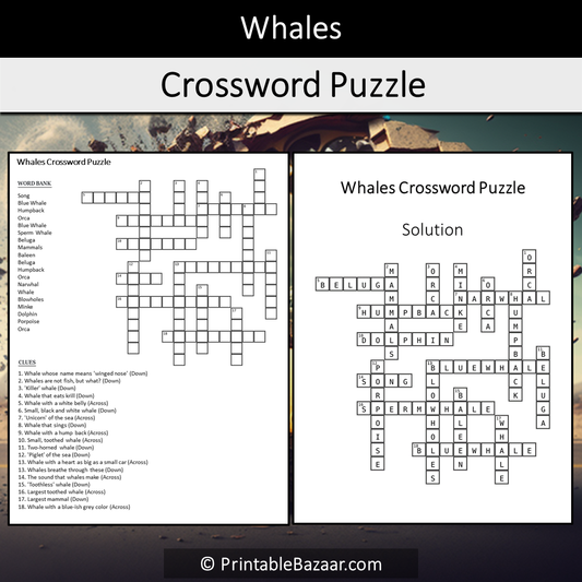 Whales Crossword Puzzle Worksheet Activity Printable PDF