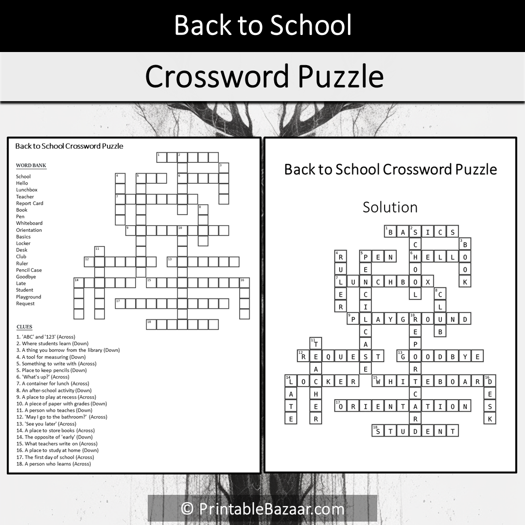 Back To School Crossword Puzzle Worksheet Activity Printable PDF ...