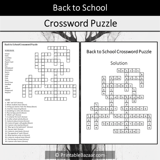 Back To School Crossword Puzzle Worksheet Activity Printable PDF