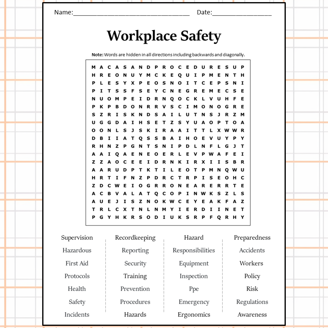 Workplace Safety Word Search Puzzle Worksheet Activity PDF