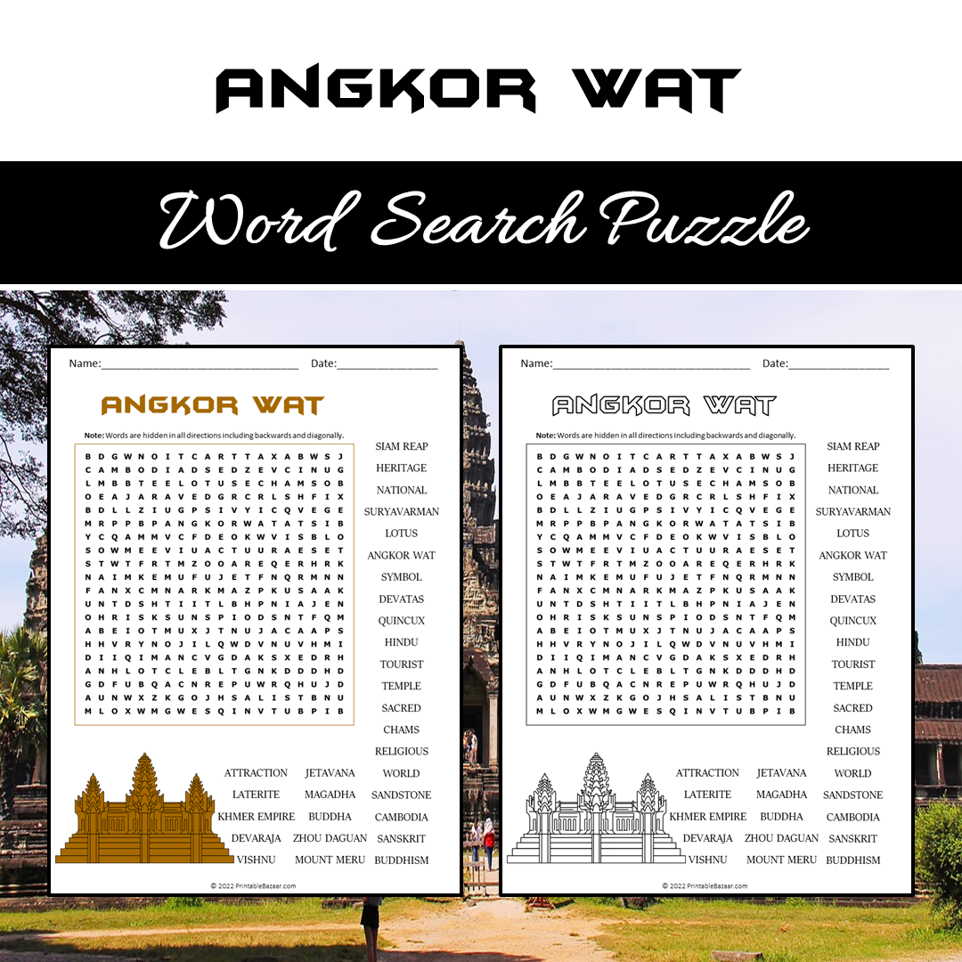 Angkor Wat Word Search Puzzle Worksheet PDF