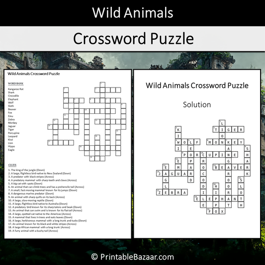 Wild Animals Crossword Puzzle Worksheet Activity Printable PDF