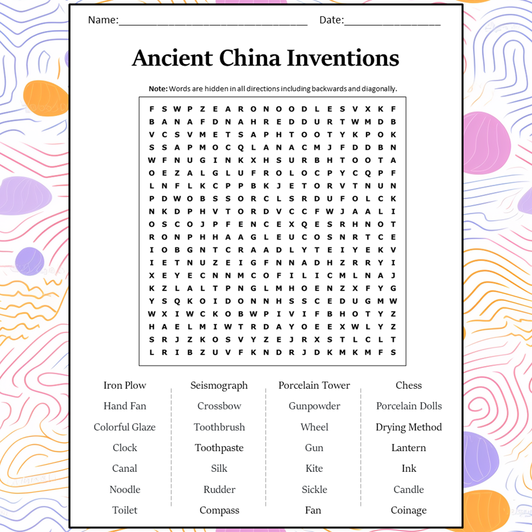 Ancient China Inventions Word Search Puzzle Worksheet Activity PDF