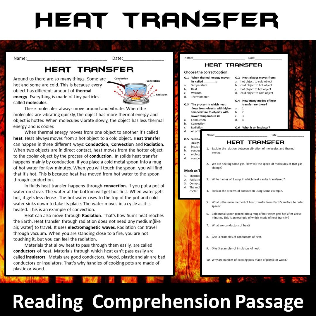Heat Transfer (Thermal Energy) Reading Comprehension Passage and Questions