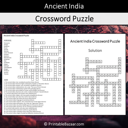 Ancient India Crossword Puzzle Worksheet Activity Printable PDF