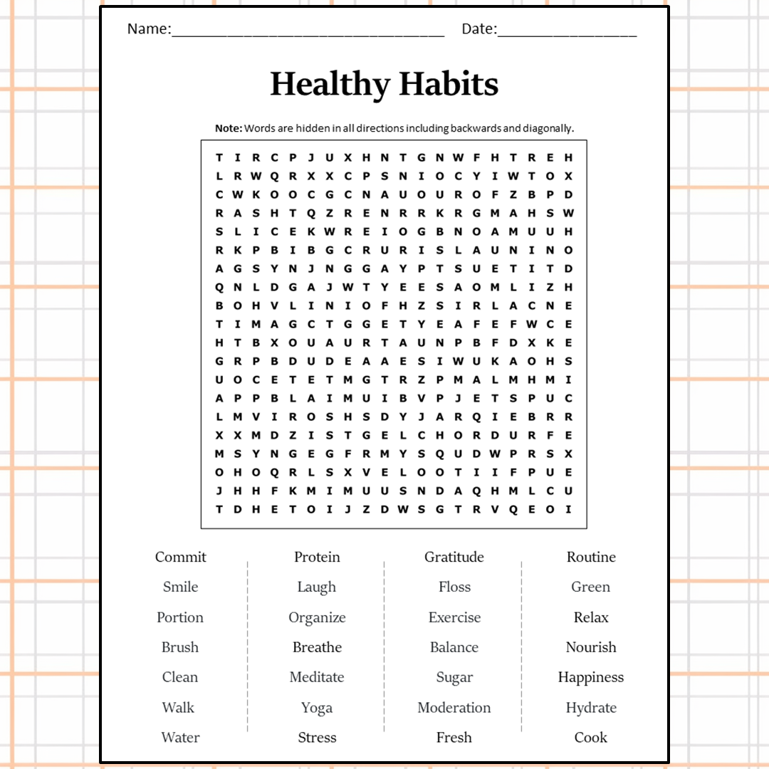 Healthy Habits Word Search Puzzle Worksheet Activity PDF