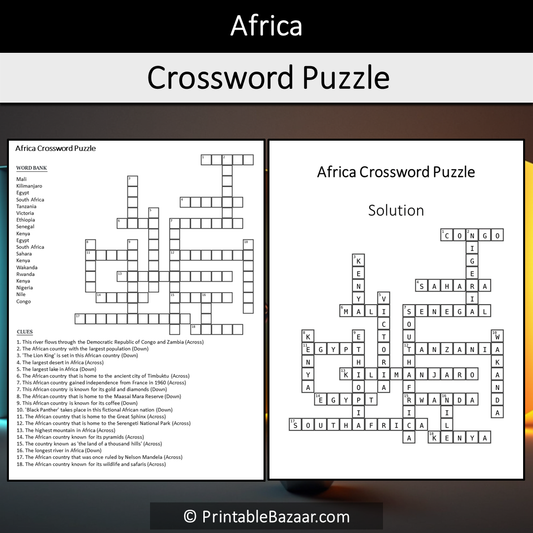 Africa Crossword Puzzle Worksheet Activity Printable PDF