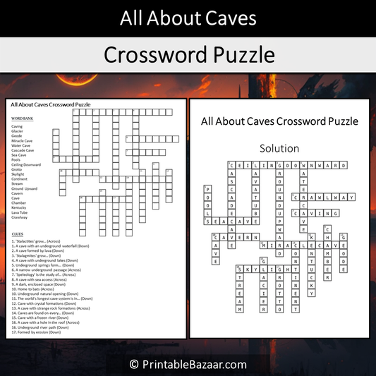 All About Caves Crossword Puzzle Worksheet Activity Printable PDF