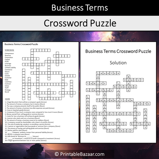 Business Terms Crossword Puzzle Worksheet Activity Printable PDF