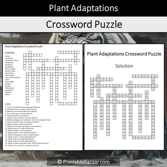 Plant Adaptations Crossword Puzzle Worksheet Activity Printable PDF