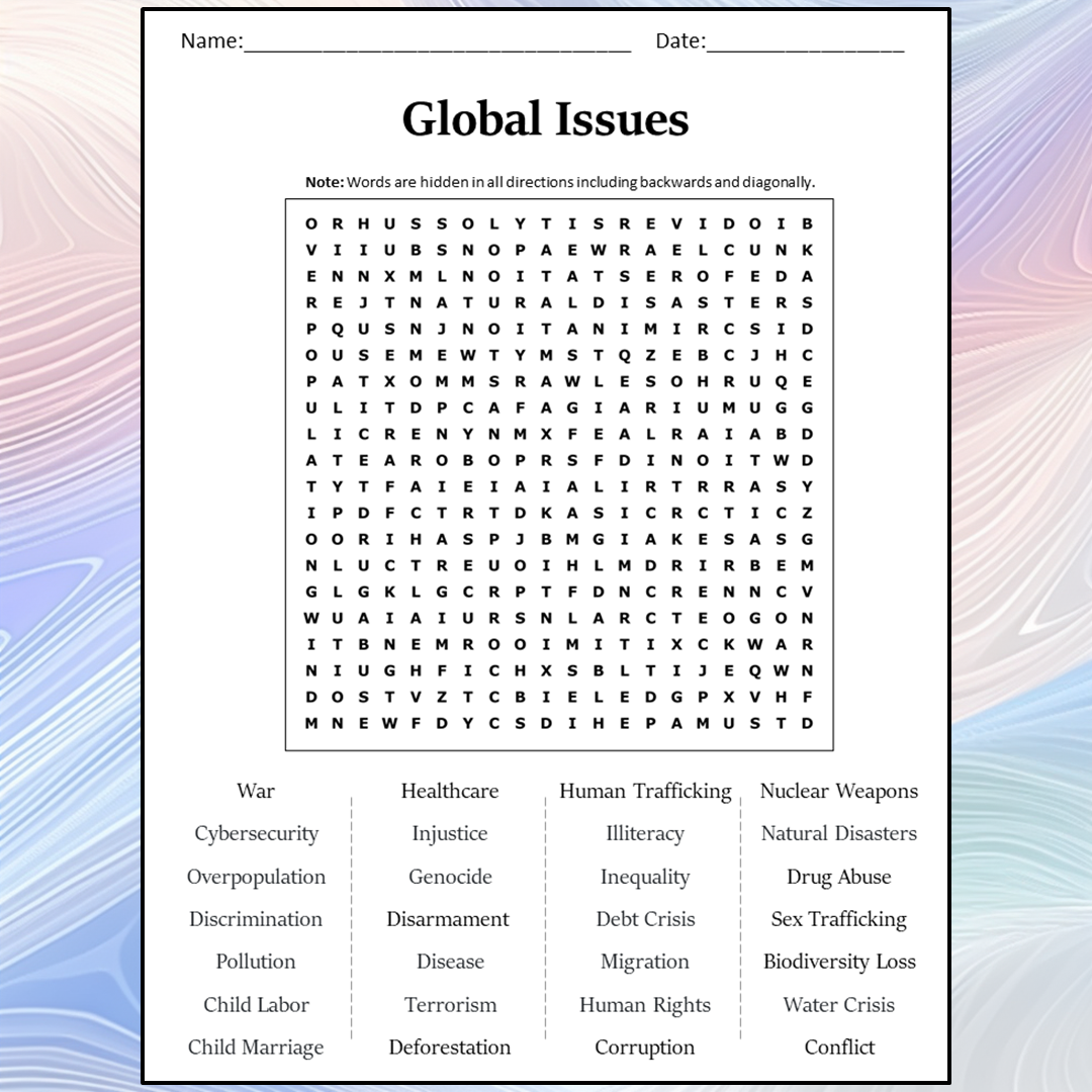 Global Issues Word Search Puzzle Worksheet Activity PDF