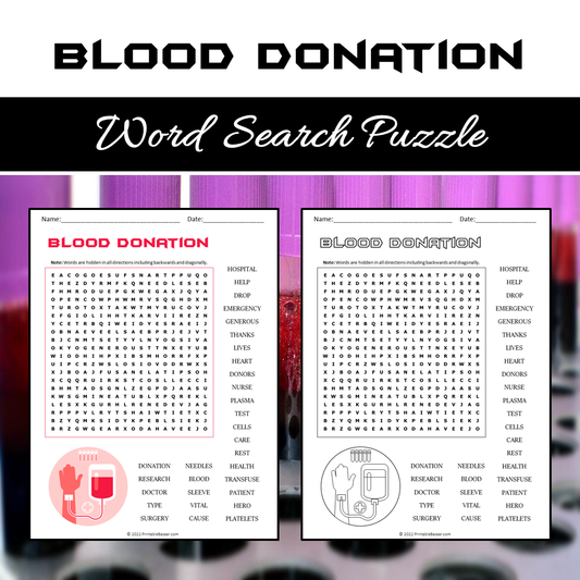 Blood Donation Word Search Puzzle Worksheet PDF