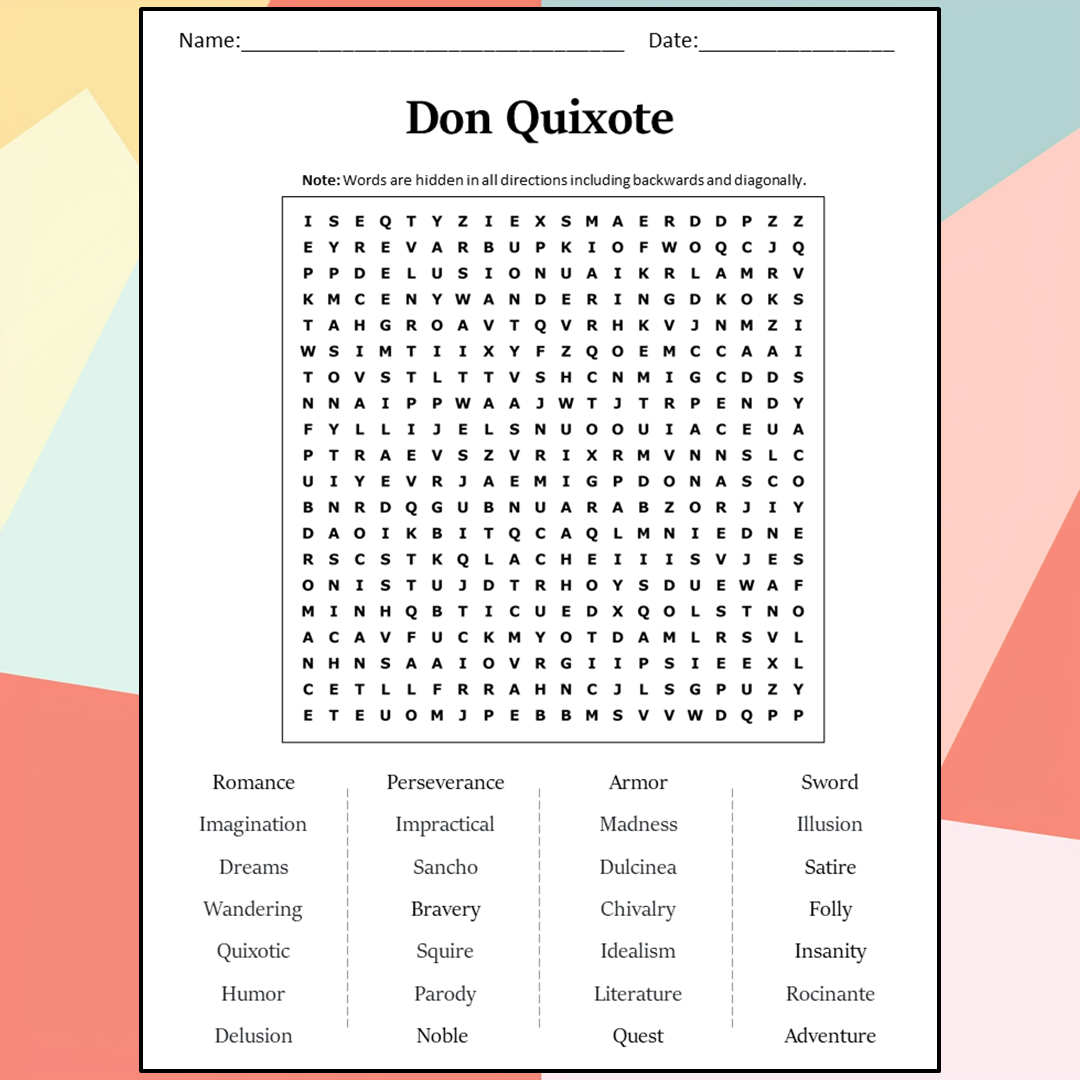 Don Quixote Word Search Puzzle Worksheet Activity PDF
