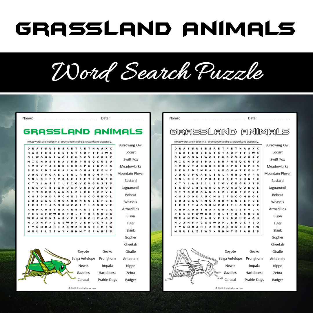 Grassland Animals Word Search Puzzle Worksheet PDF