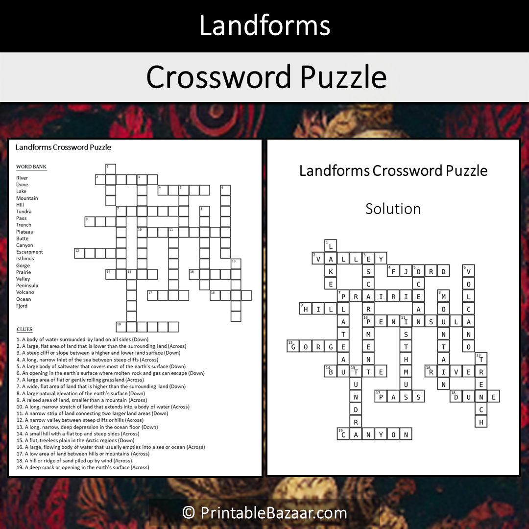 Landforms Crossword Puzzle Worksheet Activity Printable PDF