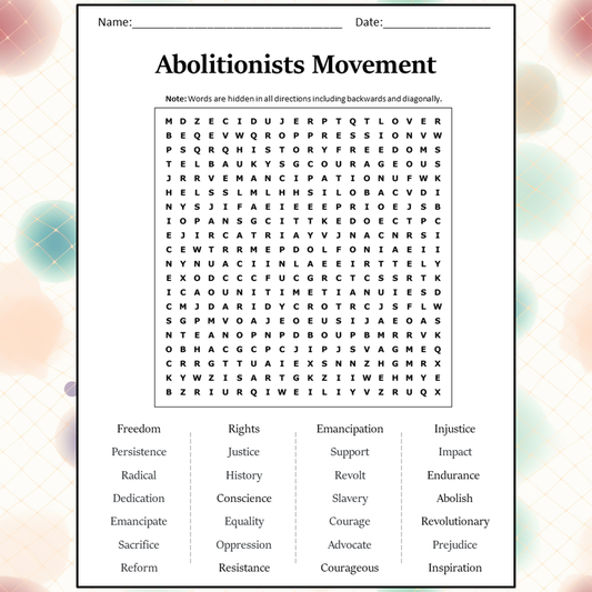 Abolitionists Movement Word Search Puzzle Worksheet Activity PDF