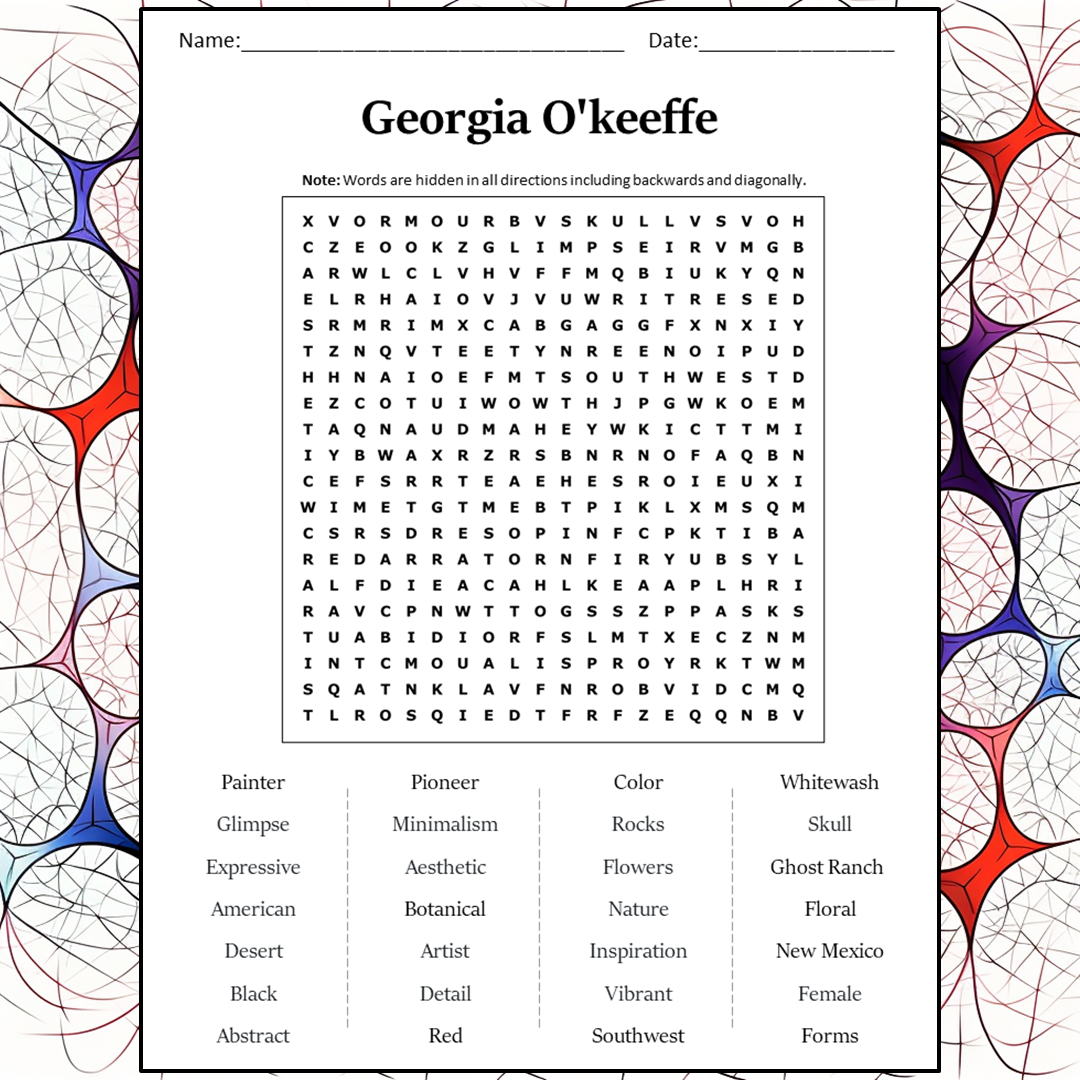 Georgia O'keeffe Word Search Puzzle Worksheet Activity PDF