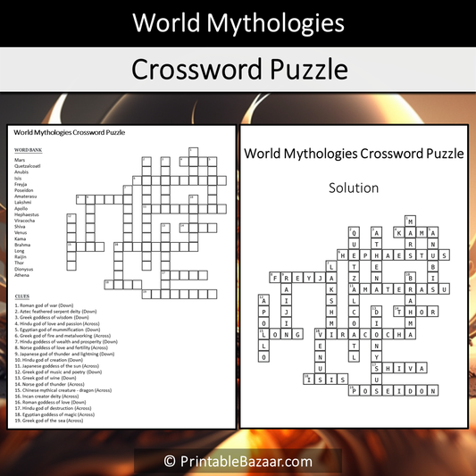 World Mythologies Crossword Puzzle Worksheet Activity Printable PDF