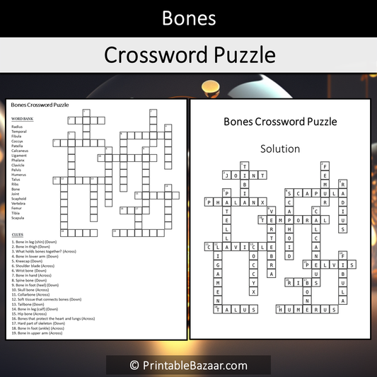 Bones Crossword Puzzle Worksheet Activity Printable PDF