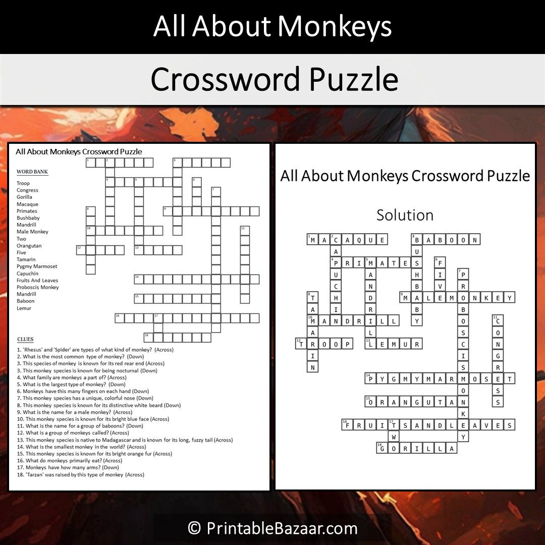 All About Monkeys Crossword Puzzle Worksheet Activity Printable PDF