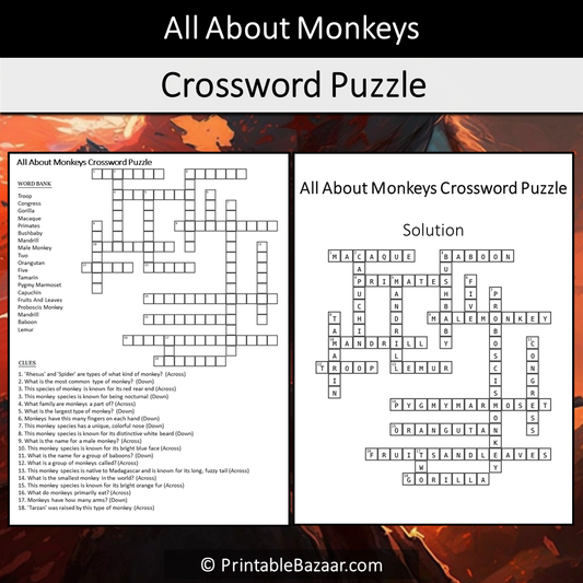 All About Monkeys Crossword Puzzle Worksheet Activity Printable PDF