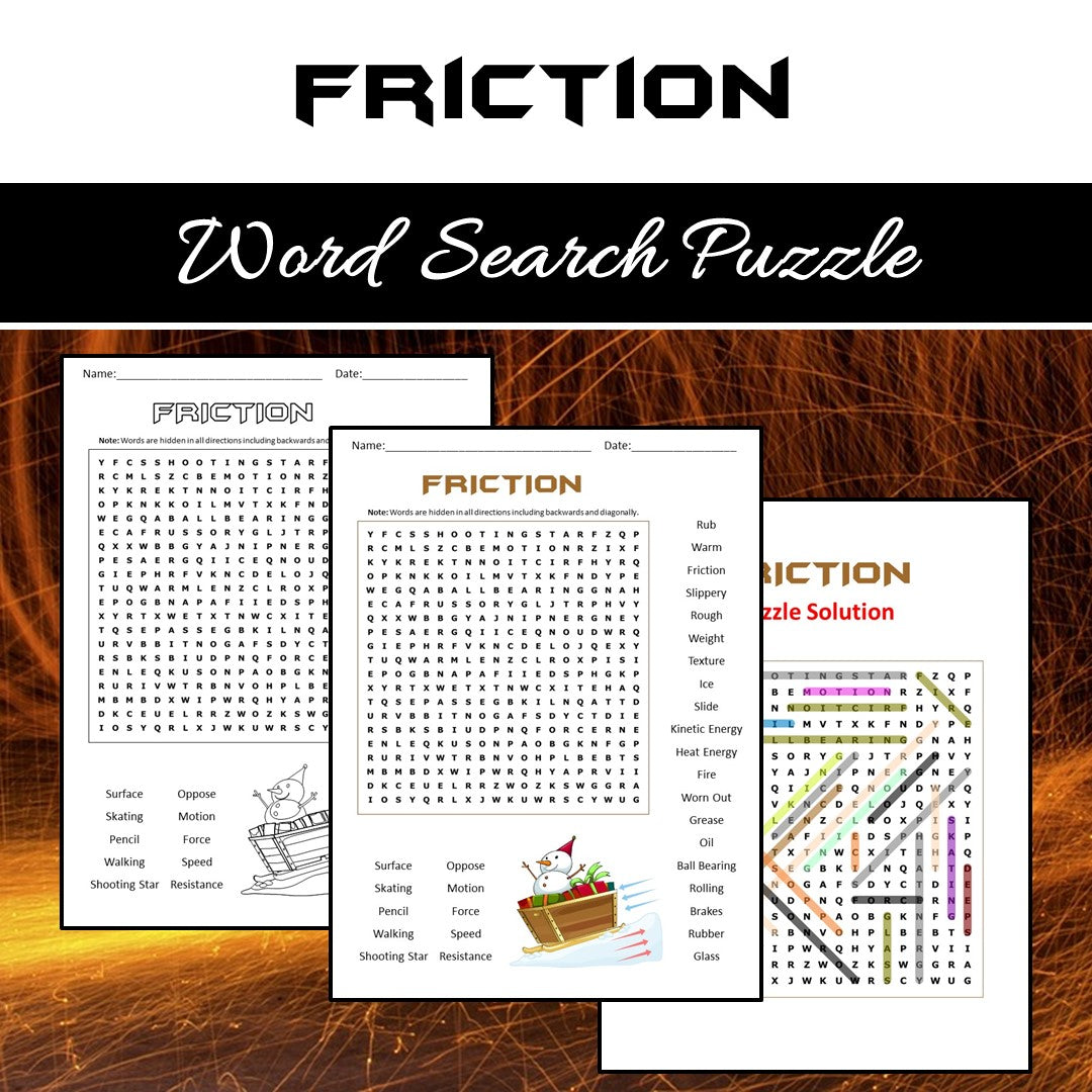 Friction Word Search Puzzle Worksheet PDF