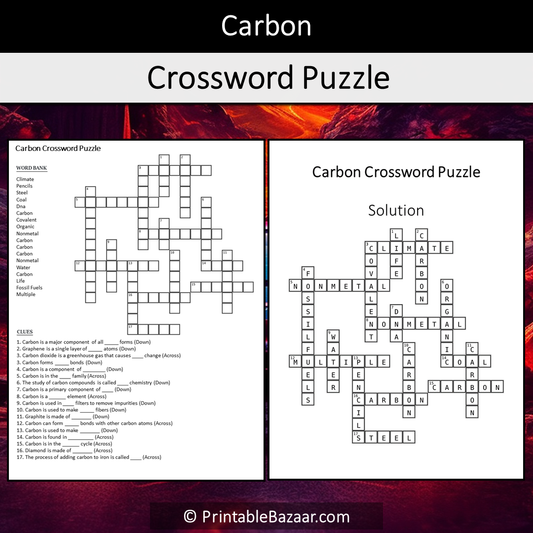 Carbon Crossword Puzzle Worksheet Activity Printable PDF