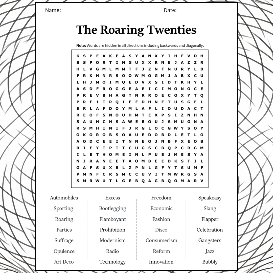 The Roaring Twenties Word Search Puzzle Worksheet Activity PDF