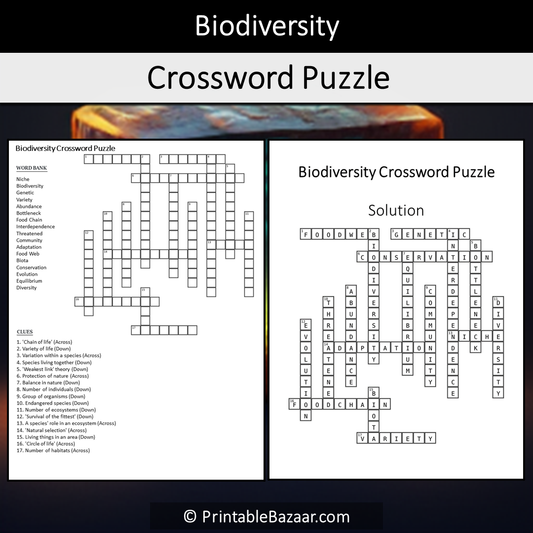 Biodiversity Crossword Puzzle Worksheet Activity Printable PDF