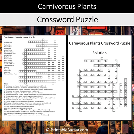 Carnivorous Plants Crossword Puzzle Worksheet Activity Printable PDF