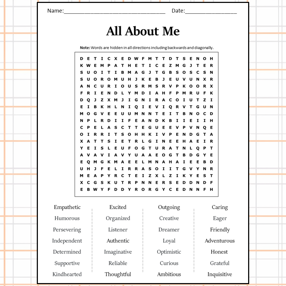 All About Me Word Search Puzzle Worksheet Activity PDF