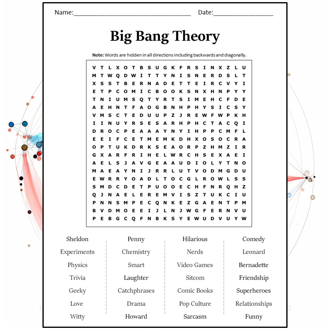 Big Bang Theory Word Search Puzzle Worksheet Activity PDF PrintableBazaar