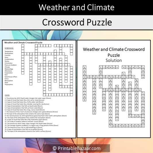 Weather And Climate Crossword Puzzle Worksheet Activity Printable PDF