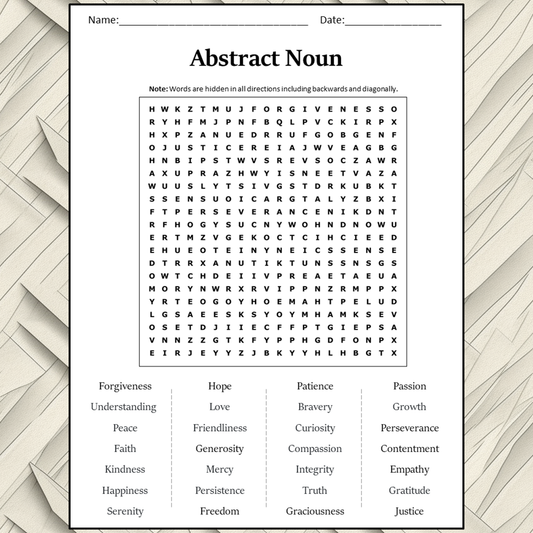 Abstract Noun Word Search Puzzle Worksheet Activity PDF