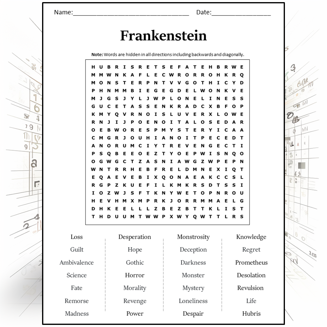 Frankenstein Word Search Puzzle Worksheet Activity PDF