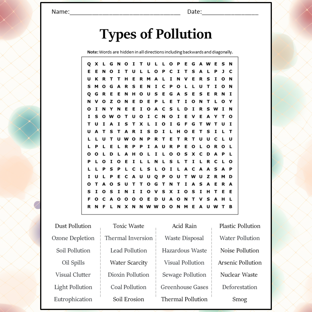 Types Of Pollution Word Search Puzzle Worksheet Activity PDF