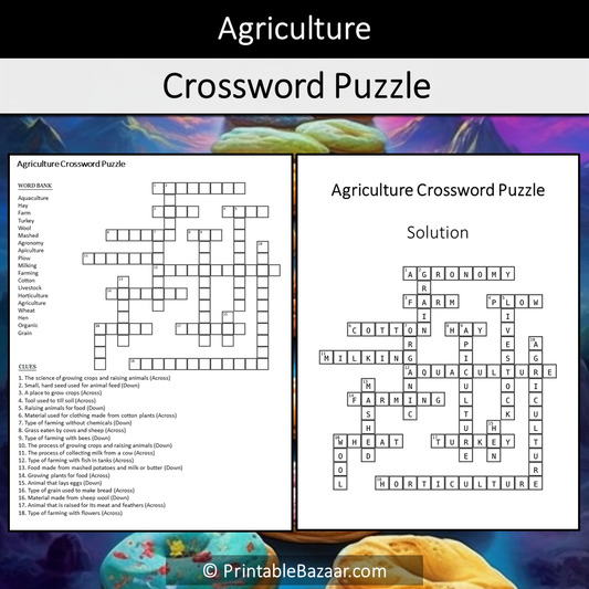 Agriculture Crossword Puzzle Worksheet Activity Printable PDF