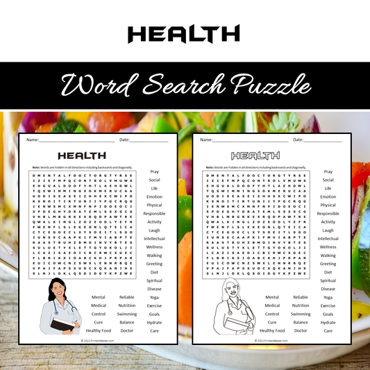 Health Word Search Puzzle Worksheet PDF
