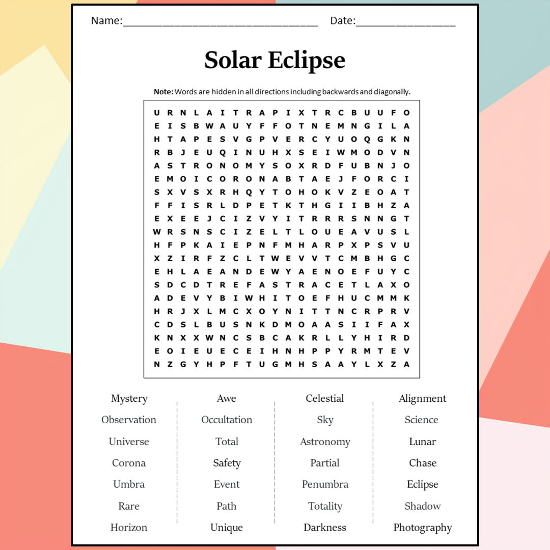 Solar Eclipse Word Search Puzzle Worksheet Activity PDF