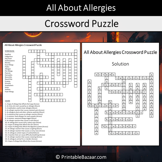 All About Allergies Crossword Puzzle Worksheet Activity Printable PDF