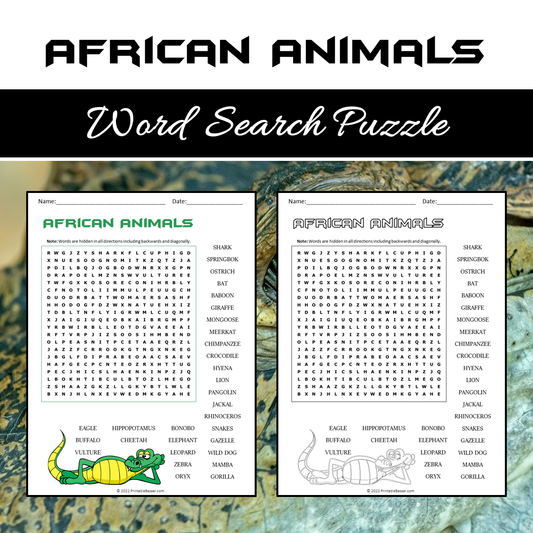 African Animals Word Search Puzzle Worksheet PDF
