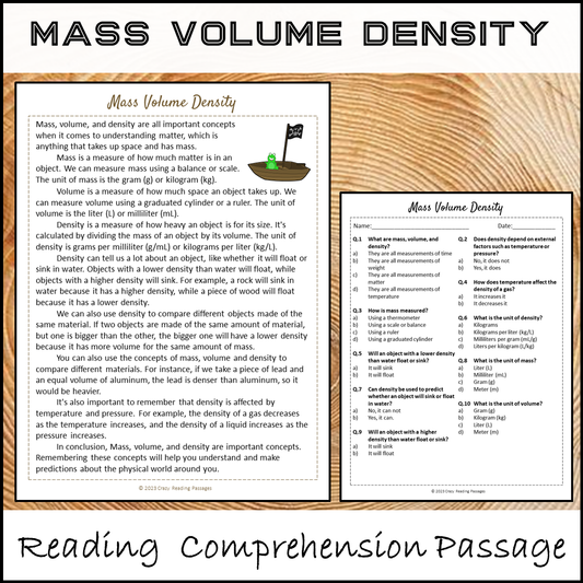 Mass Volume Density Reading Comprehension Passage and Questions | Printable PDF
