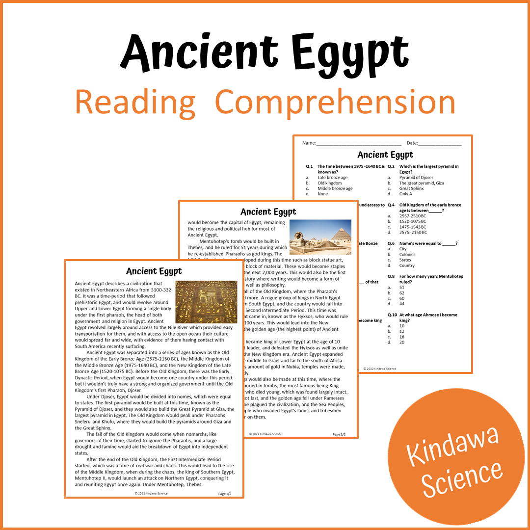 Ancient Egypt Reading Comprehension Passage and Questions | Printable PDF