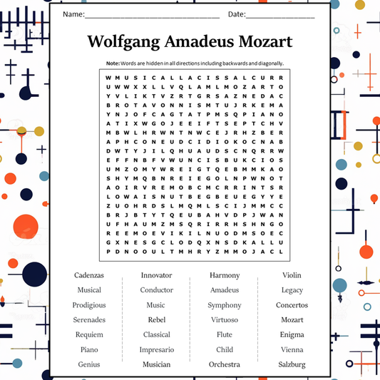 Wolfgang Amadeus Mozart Word Search Puzzle Worksheet Activity PDF