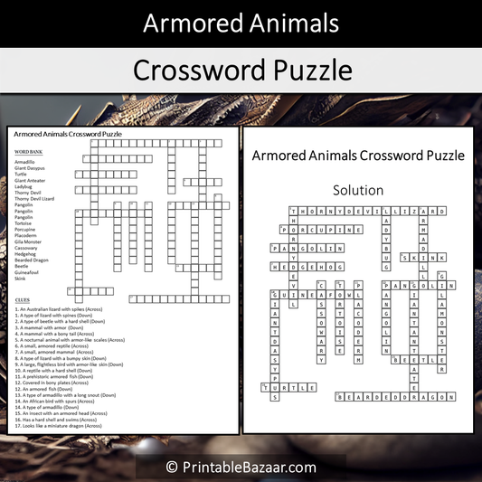Armored Animals Crossword Puzzle Worksheet Activity Printable PDF
