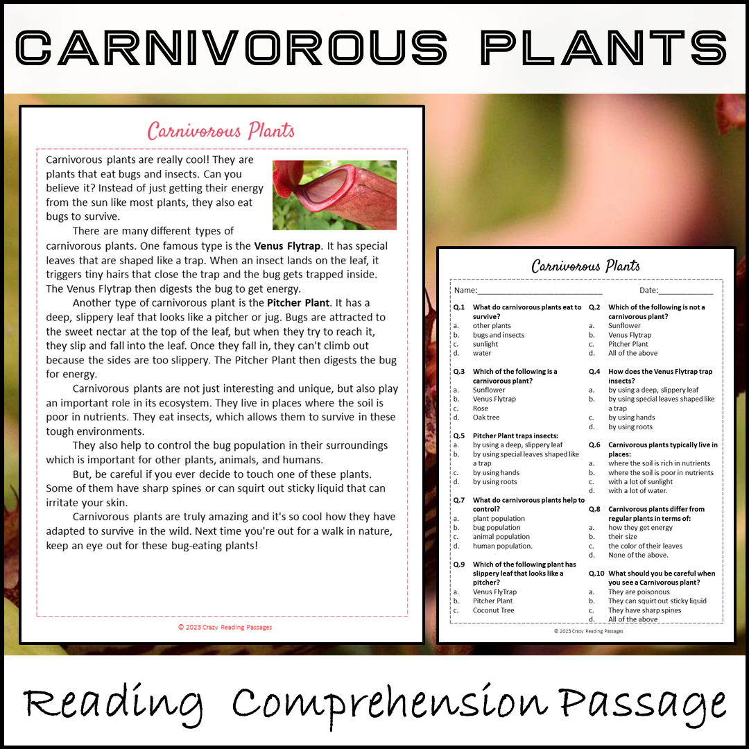 Carnivorous Plants Reading Comprehension Passage and Questions | Printable PDF