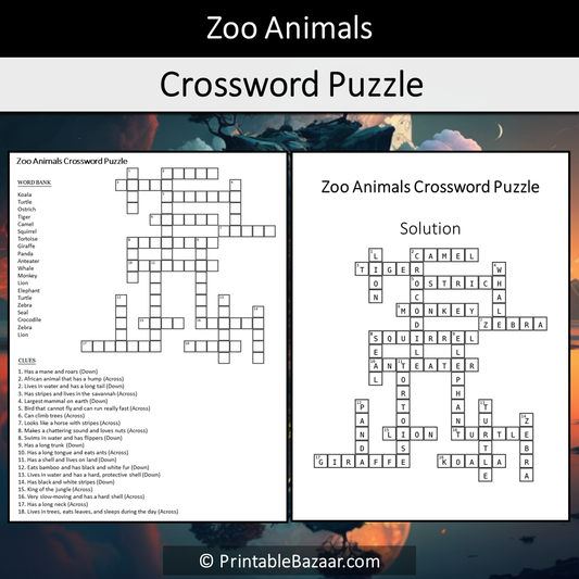 Zoo Animals Crossword Puzzle Worksheet Activity Printable PDF